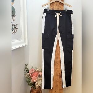 Fashion Nova Black and White Men's Cargo Pants with Side Stripes